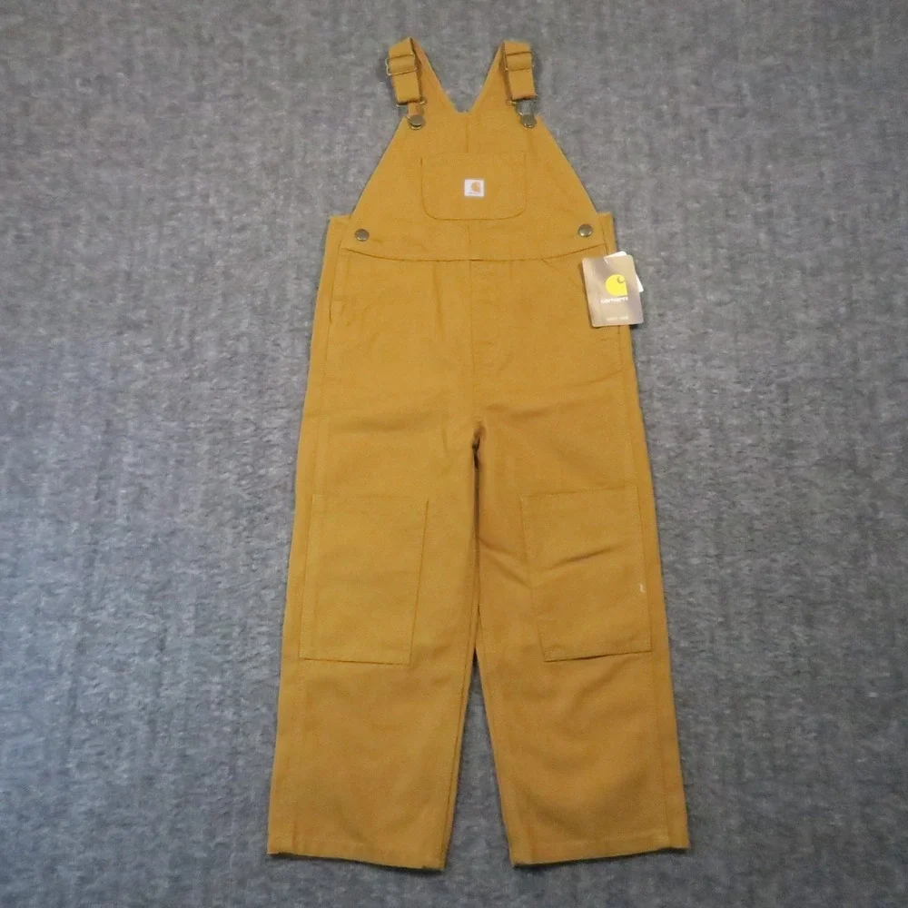 Carhartt CM8609 Duck Canvas‎ Bib Overalls Kids 4T Brown Double Knee Outdoor New